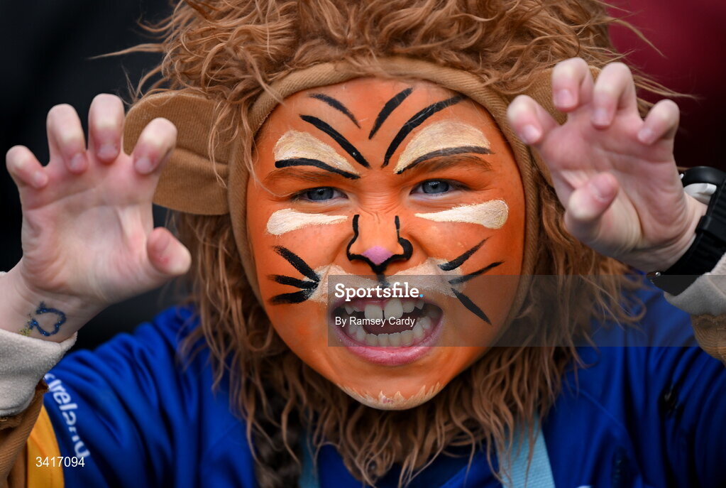5 April 2026; A Leinster fan dressed as a lion before the Investec Champions Cup match between Leinster and Edinburgh at the Aviva Stadium in Dublin. Photo by Ramsey Cardy/Sportsfile