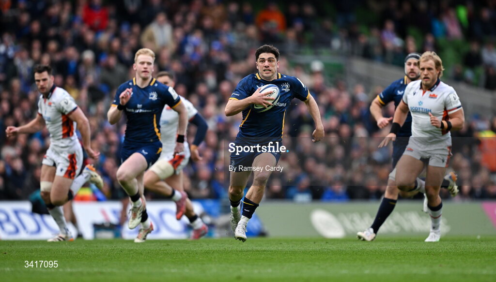 5 April 2026; Jimmy O'Brien of Leinster makes a break during the Investec Champions Cup match between Leinster and Edinburgh at the Aviva Stadium in Dublin. Photo by Ramsey Cardy/Sportsfile