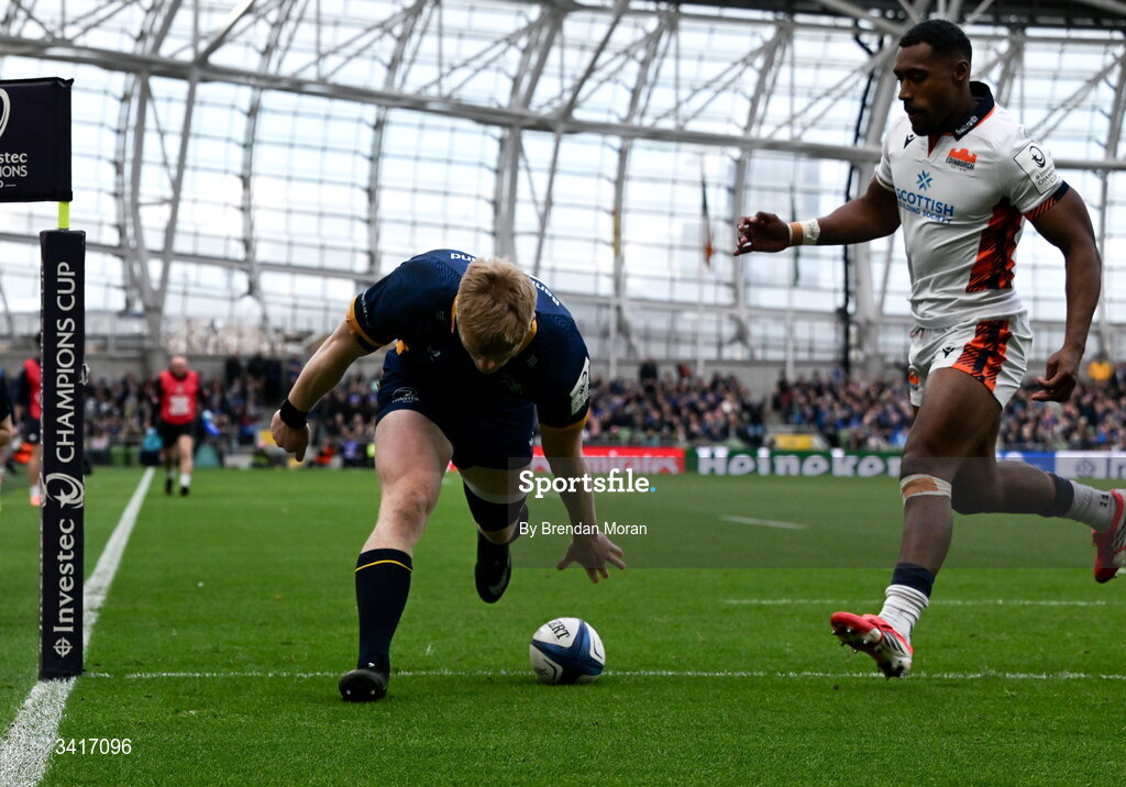 5 April 2026; Tommy O'Brien of Leinster scores his side's first try during the Investec Champions Cup match between Leinster and Edinburgh at the Aviva Stadium in Dublin. Photo by Brendan Moran/Sportsfile