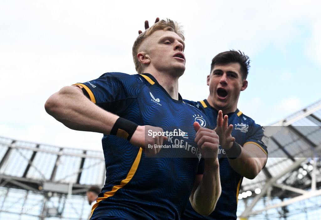 5 April 2026; Tommy O'Brien of Leinster celebrates with teamate Dan Sheehan of Leinster after scores his side's first try during the Investec Champions Cup match between Leinster and Edinburgh at the Aviva Stadium in Dublin. Photo by Brendan Moran/Sportsfile
