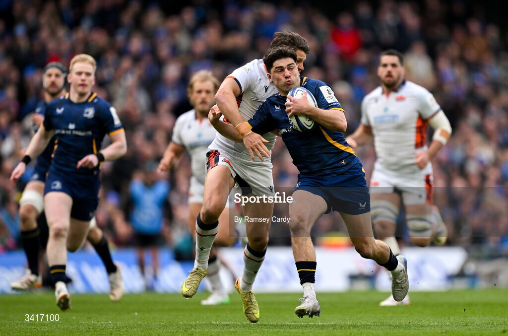 5 April 2026; Jimmy O'Brien of Leinster is tackled by Piers O’Conor of Edinburgh during the Investec Champions Cup match between Leinster and Edinburgh at the Aviva Stadium in Dublin. Photo by Ramsey Cardy/Sportsfile