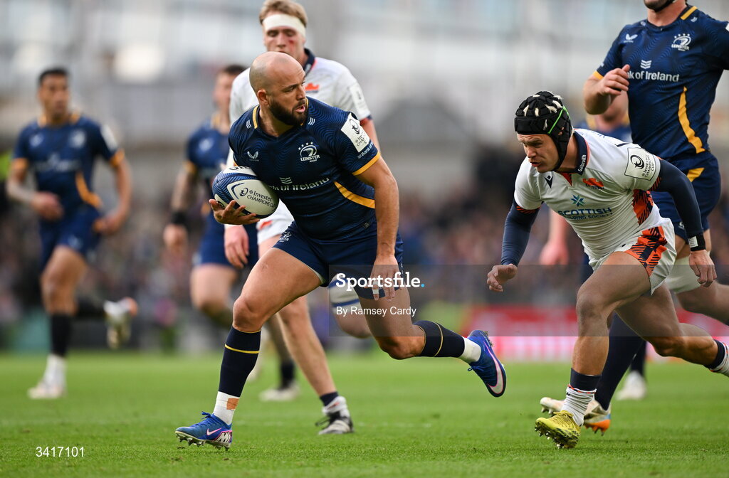 5 April 2026; Jamison Gibson-Park of Leinster is tackled by Darcy Graham of Edinburgh during the Investec Champions Cup match between Leinster and Edinburgh at the Aviva Stadium in Dublin. Photo by Ramsey Cardy/Sportsfile