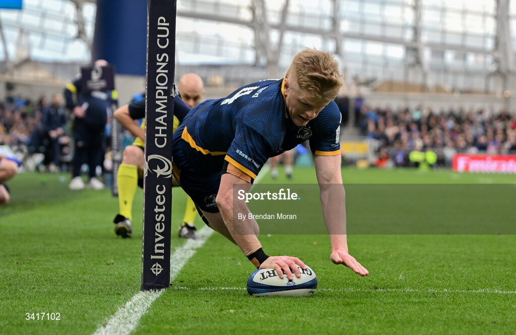 5 April 2026; Tommy O'Brien of Leinster scores his side's second try during the Investec Champions Cup match between Leinster and Edinburgh at the Aviva Stadium in Dublin. Photo by Brendan Moran/Sportsfile