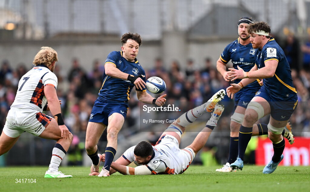 5 April 2026; Hugo Keenan of Leinster during the Investec Champions Cup match between Leinster and Edinburgh at the Aviva Stadium in Dublin. Photo by Ramsey Cardy/Sportsfile