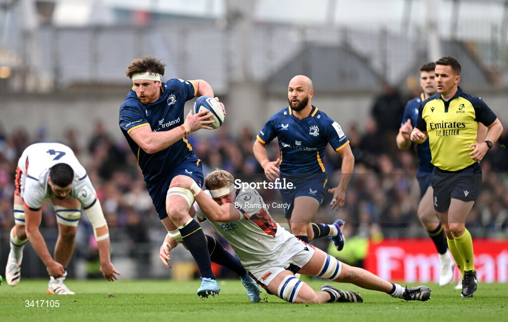 5 April 2026; Ryan Baird of Leinster is tackled by Liam McConnell of Edinburgh during the Investec Champions Cup match between Leinster and Edinburgh at the Aviva Stadium in Dublin. Photo by Ramsey Cardy/Sportsfile