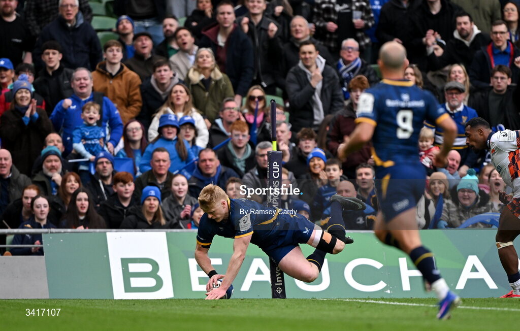 5 April 2026; Tommy O'Brien of Leinster dives over to score his side's second try during the Investec Champions Cup match between Leinster and Edinburgh at the Aviva Stadium in Dublin. Photo by Ramsey Cardy/Sportsfile