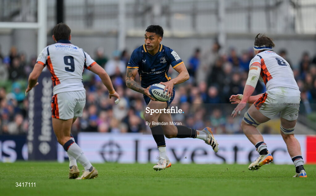 5 April 2026; Rieko Ioane of Leinster makes a break during the Investec Champions Cup match between Leinster and Edinburgh at the Aviva Stadium in Dublin. Photo by Brendan Moran/Sportsfile