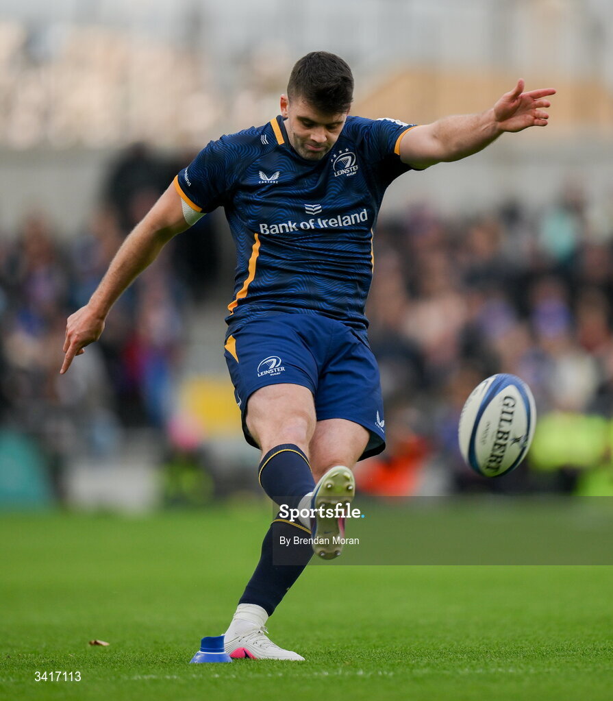 5 April 2026; Harry Byrne of Leinster kicks a conversion during the Investec Champions Cup match between Leinster and Edinburgh at the Aviva Stadium in Dublin. Photo by Brendan Moran/Sportsfile