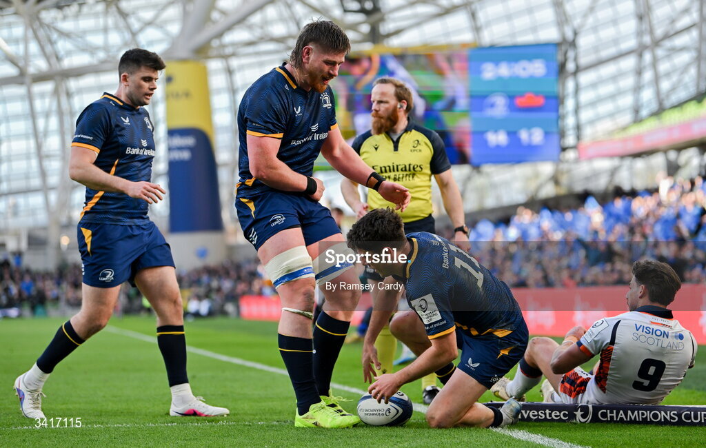 5 April 2026; Jimmy O'Brien, right, celebrates with Leinster teammates Joe McCarthy and Harry Byrne after scoring their side's third try during the Investec Champions Cup match between Leinster and Edinburgh at the Aviva Stadium in Dublin. Photo by Ramsey Cardy/Sportsfile