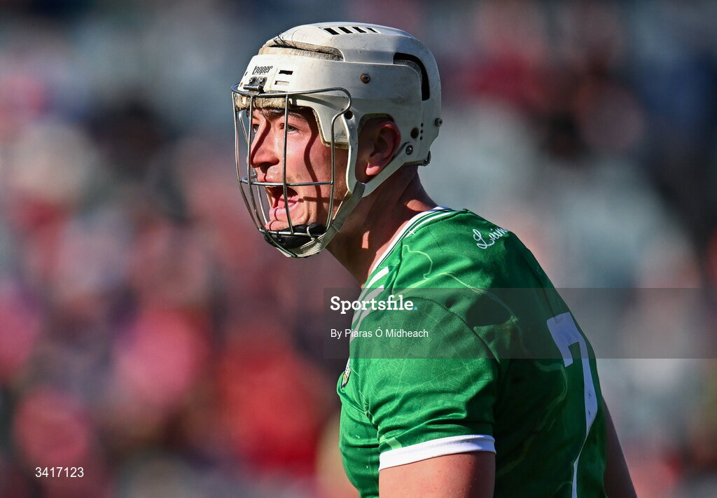 5 April 2026; Kyle Hayes of Limerick celebrates winning a free on on during the Allianz Hurling League Division 1A final match between Limerick and Cork at TUS Gaelic Grounds in Limerick. Photo by Piaras Ó Mídheach/Sportsfile