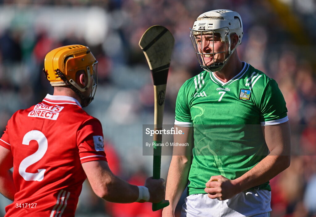 5 April 2026; Kyle Hayes of Limerick celebrates in front of Niall O'Leary of Cork after winning a free on on during the Allianz Hurling League Division 1A final match between Limerick and Cork at TUS Gaelic Grounds in Limerick. Photo by Piaras Ó Mídheach/Sportsfile
