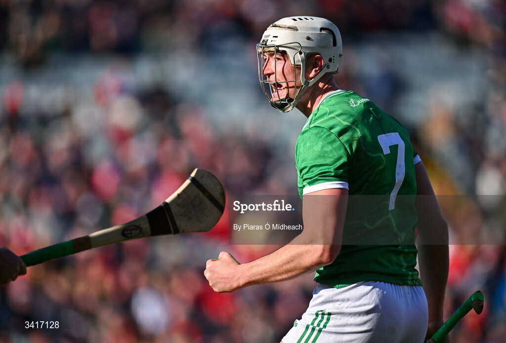 5 April 2026; Kyle Hayes of Limerick celebrates winning a free on on during the Allianz Hurling League Division 1A final match between Limerick and Cork at TUS Gaelic Grounds in Limerick. Photo by Piaras Ó Mídheach/Sportsfile