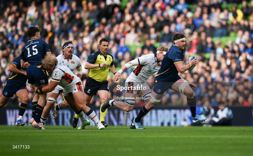 5 April 2026; Ryan Baird of Leinster makes a break during the Investec Champions Cup match between Leinster and Edinburgh at the Aviva Stadium in Dublin. Photo by Brendan Moran/Sportsfile