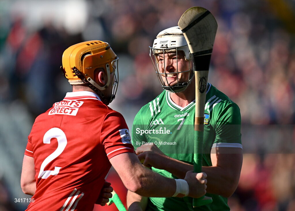 5 April 2026; Kyle Hayes of Limerick celebrates in front of Niall O'Leary of Cork after winning a free on on during the Allianz Hurling League Division 1A final match between Limerick and Cork at TUS Gaelic Grounds in Limerick. Photo by Piaras Ó Mídheach/Sportsfile