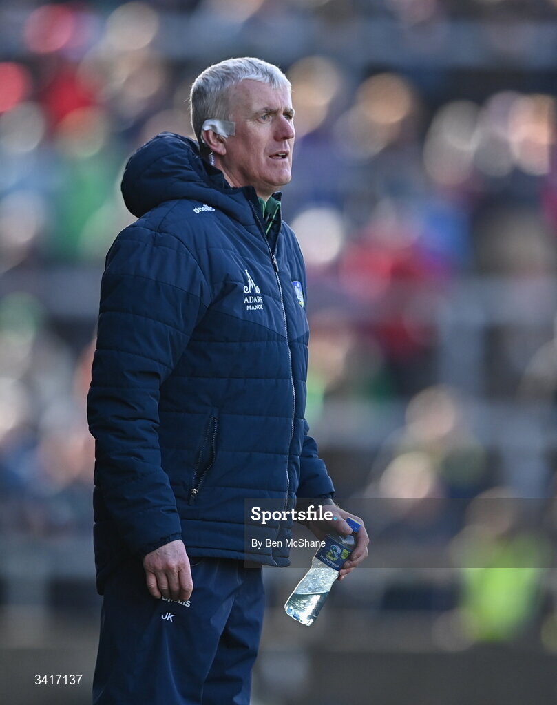 5 April 2026; Limerick manager John Kiely during the Allianz Hurling League Division 1A final match between Limerick and Cork at TUS Gaelic Grounds in Limerick. Photo by Ben McShane/Sportsfile