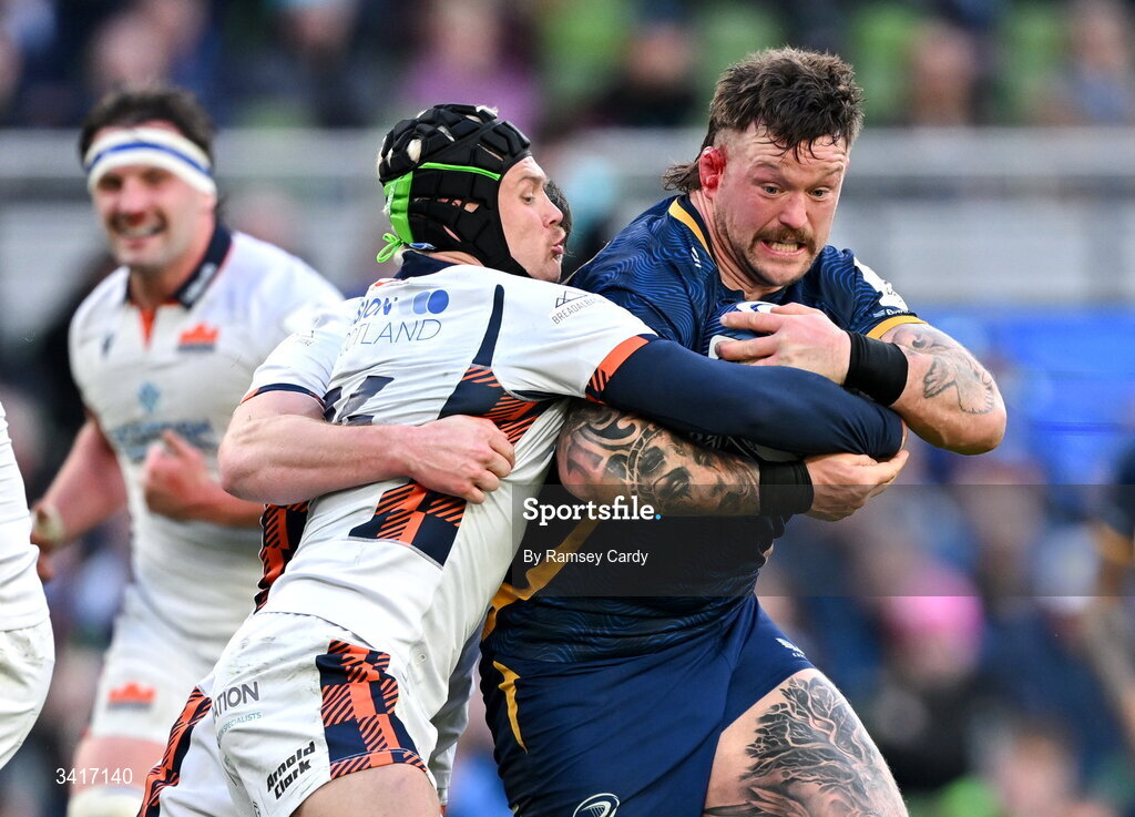 5 April 2026; Andrew Porter of Leinster is tackled by Darcy Graham of Edinburgh during the Investec Champions Cup match between Leinster and Edinburgh at the Aviva Stadium in Dublin. Photo by Ramsey Cardy/Sportsfile