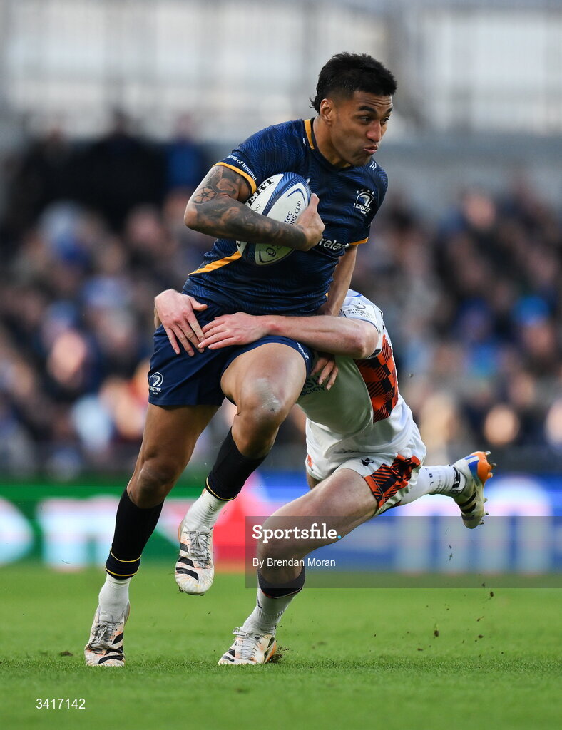 5 April 2026; Rieko Ioane of Leinster is tackled by Matt Currie of Edinburgh during the Investec Champions Cup match between Leinster and Edinburgh at the Aviva Stadium in Dublin. Photo by Brendan Moran/Sportsfile