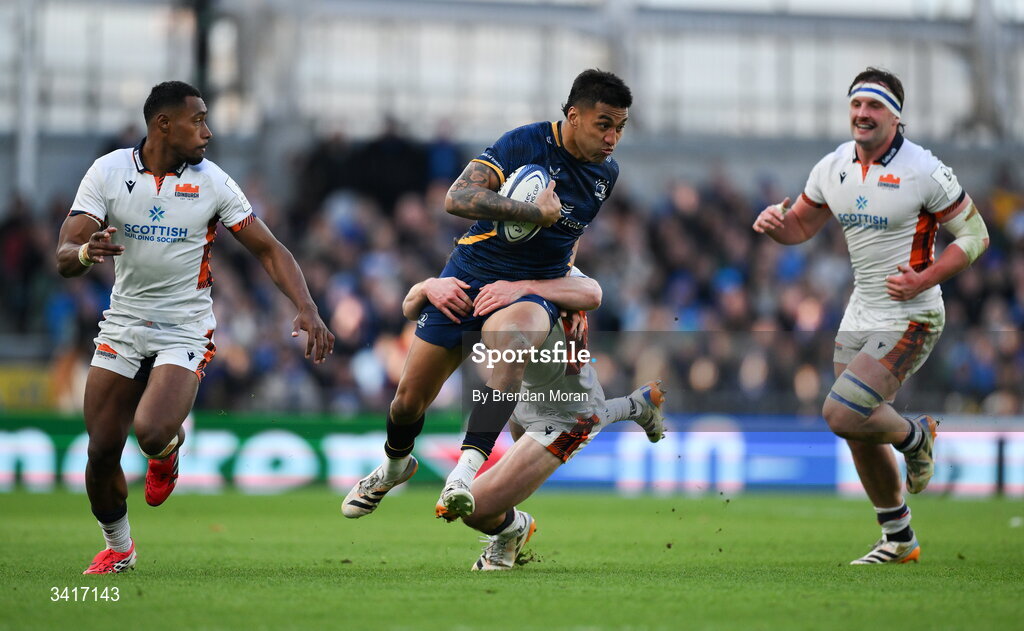 5 April 2026; Rieko Ioane of Leinster is tackled by Matt Currie of Edinburgh during the Investec Champions Cup match between Leinster and Edinburgh at the Aviva Stadium in Dublin. Photo by Brendan Moran/Sportsfile