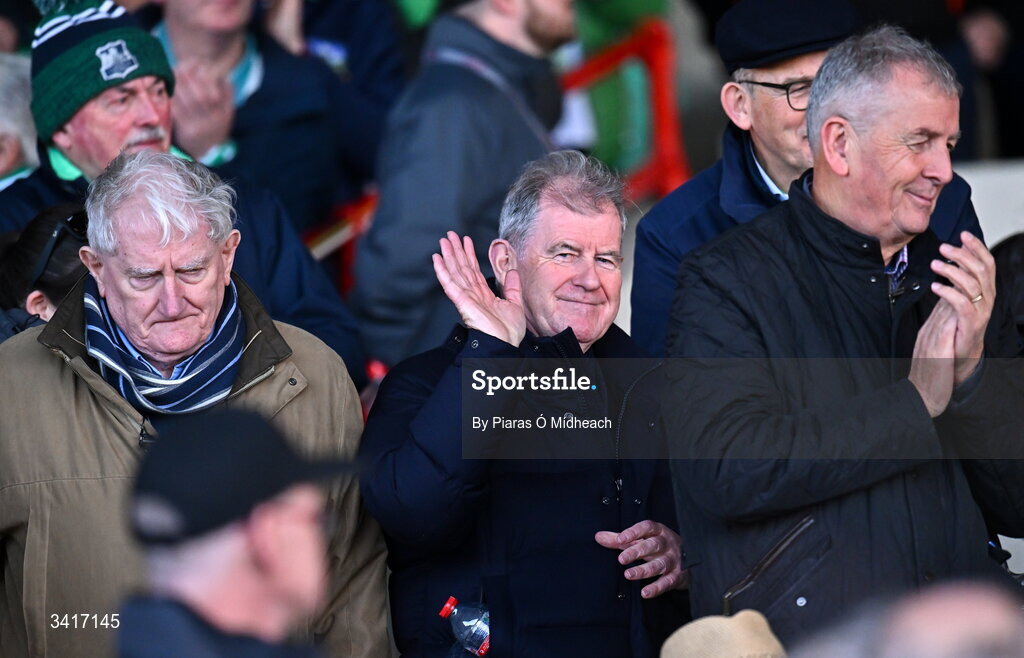 5 April 2026; Limerick GAA sponsor JP McManus waves to the crowd after being thanked by Limerick captain Cian Lynch in a speech after the Allianz Hurling League Division 1A final match between Limerick and Cork at TUS Gaelic Grounds in Limerick. Photo by Piaras Ó Mídheach/Sportsfile