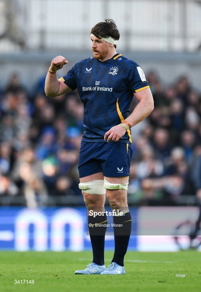 5 April 2026; Ryan Baird of Leinster celebrates winning a penalty during the Investec Champions Cup match between Leinster and Edinburgh at the Aviva Stadium in Dublin. Photo by Brendan Moran/Sportsfile