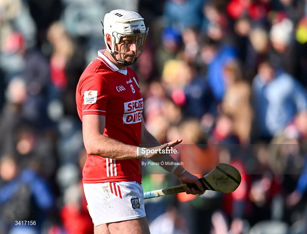 5 April 2026; Tim O'Mahony of Cork checks his hand after defeat in the Allianz Hurling League Division 1A final match between Limerick and Cork at TUS Gaelic Grounds in Limerick. Photo by Piaras Ó Mídheach/Sportsfile