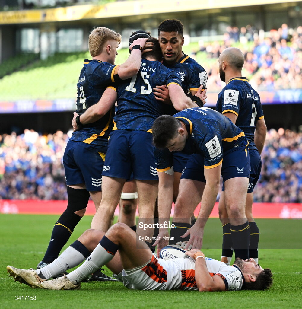 5 April 2026; Hugo Keenan of Leinster celebrates with teamates after scoring his side's fourth try during the Investec Champions Cup match between Leinster and Edinburgh at the Aviva Stadium in Dublin. Photo by Brendan Moran/Sportsfile