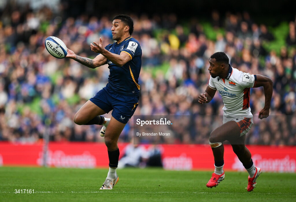 5 April 2026; Rieko Ioane of Leinster in action against Malelili Satala of Edinburgh during the Investec Champions Cup match between Leinster and Edinburgh at the Aviva Stadium in Dublin. Photo by Brendan Moran/Sportsfile