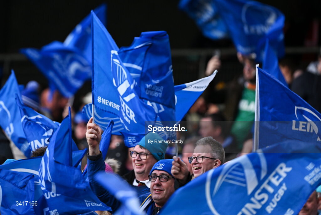 5 April 2026; Leinster supporters during the Investec Champions Cup match between Leinster and Edinburgh at the Aviva Stadium in Dublin. Photo by Ramsey Cardy/Sportsfile