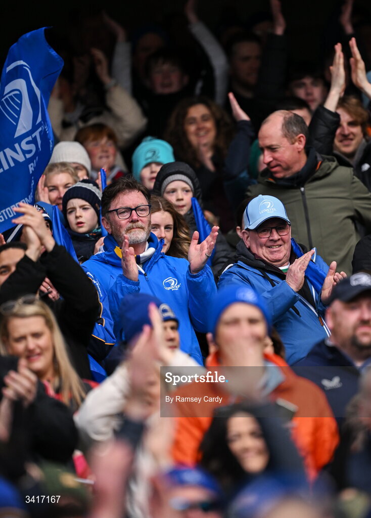 5 April 2026; Leinster supporters during the Investec Champions Cup match between Leinster and Edinburgh at the Aviva Stadium in Dublin. Photo by Ramsey Cardy/Sportsfile