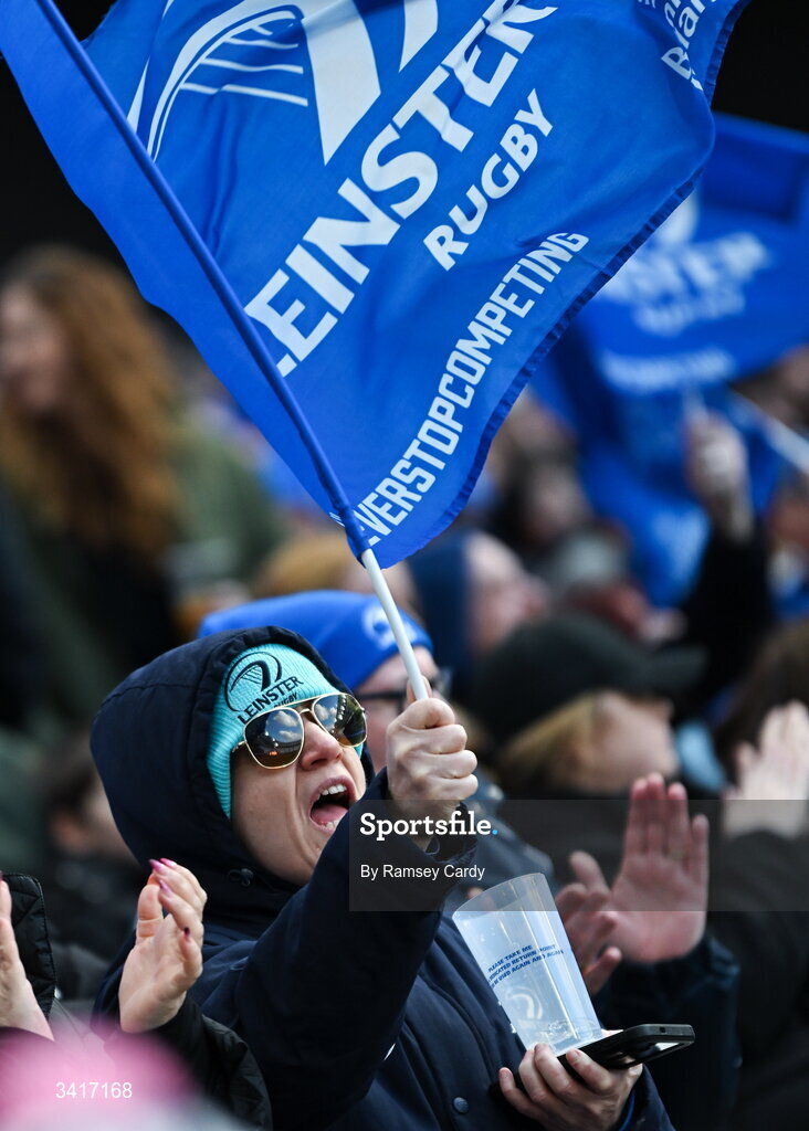5 April 2026; Leinster supporters during the Investec Champions Cup match between Leinster and Edinburgh at the Aviva Stadium in Dublin. Photo by Ramsey Cardy/Sportsfile