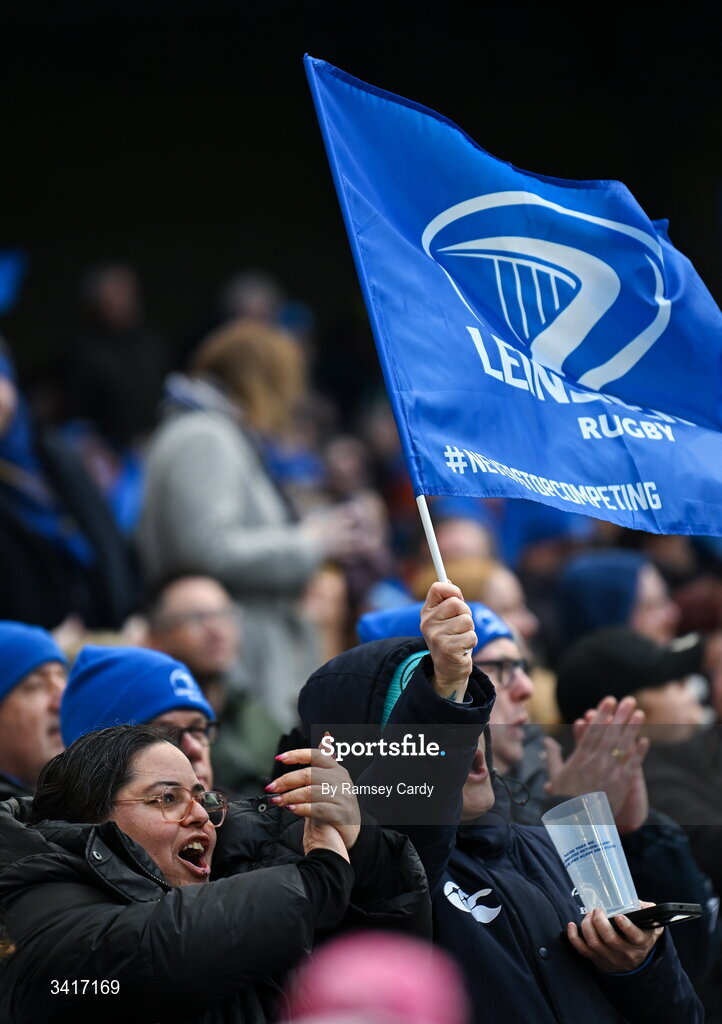 5 April 2026; Leinster supporters during the Investec Champions Cup match between Leinster and Edinburgh at the Aviva Stadium in Dublin. Photo by Ramsey Cardy/Sportsfile