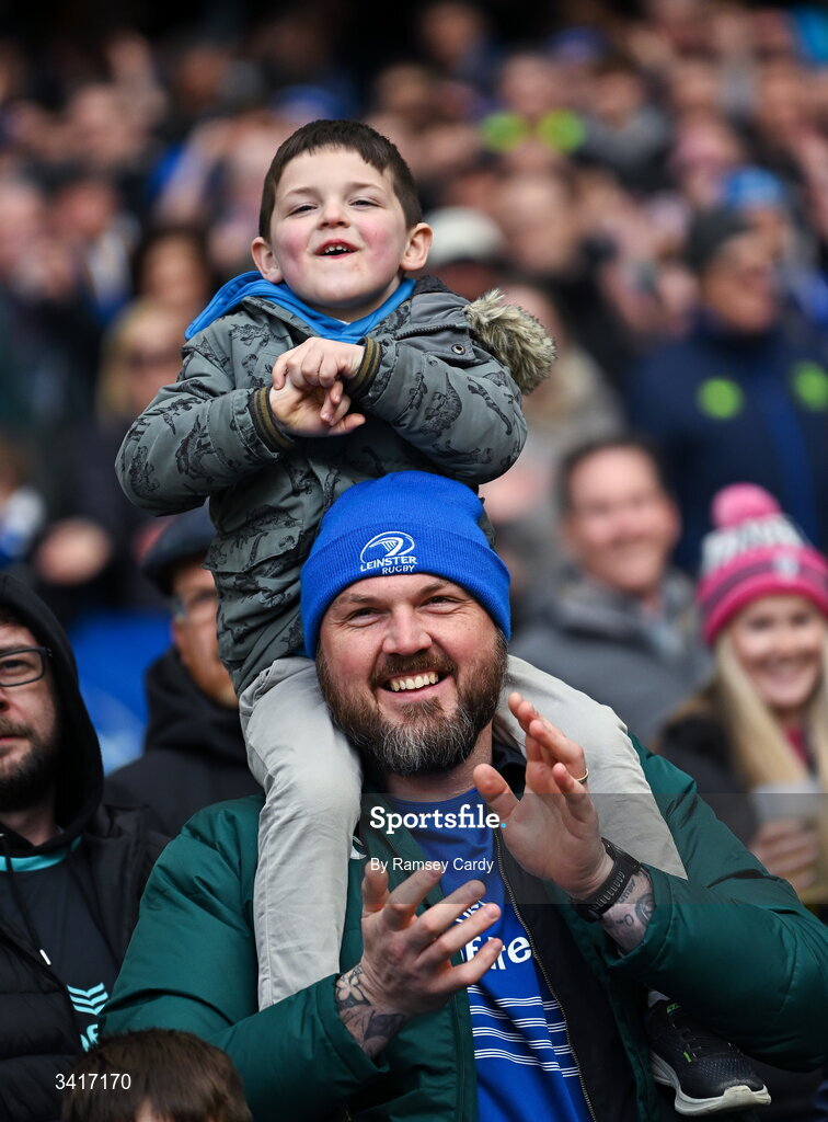 5 April 2026; Leinster supporters during the Investec Champions Cup match between Leinster and Edinburgh at the Aviva Stadium in Dublin. Photo by Ramsey Cardy/Sportsfile