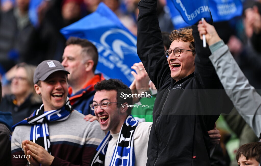 5 April 2026; Leinster supporters celebrate a try during the Investec Champions Cup match between Leinster and Edinburgh at the Aviva Stadium in Dublin. Photo by Ramsey Cardy/Sportsfile
