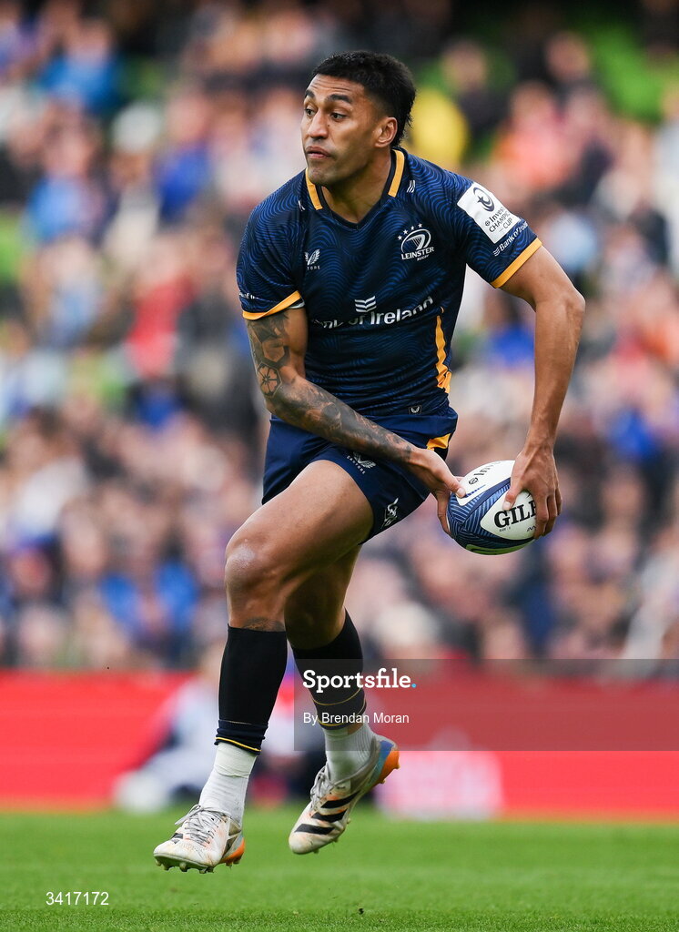 5 April 2026; Rieko Ioane of Leinster during the Investec Champions Cup match between Leinster and Edinburgh at the Aviva Stadium in Dublin. Photo by Brendan Moran/Sportsfile