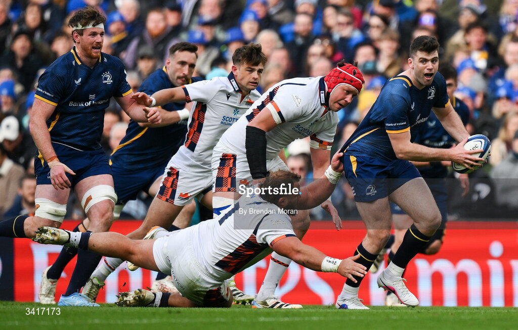 5 April 2026; Harry Byrne of Leinster tackled by Pierre Schoeman of Edinburgh during the Investec Champions Cup match between Leinster and Edinburgh at the Aviva Stadium in Dublin. Photo by Brendan Moran/Sportsfile