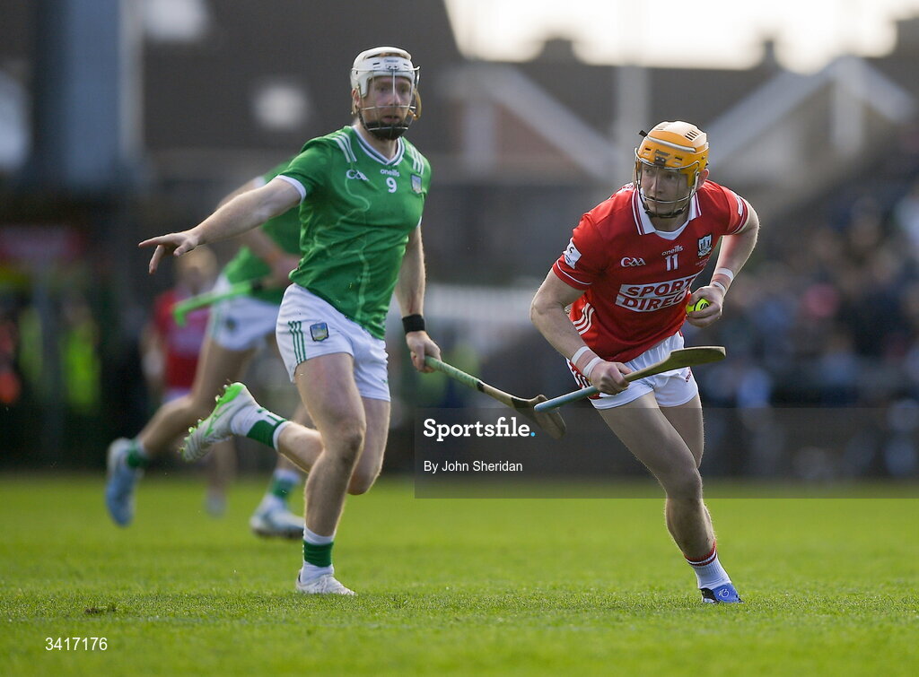 5 April 2026; Shane Barrett of Cork in action against Cian Lynch of Limerick during the Allianz Hurling League Division 1A final match between Limerick and Cork at TUS Gaelic Grounds in Limerick. Photo by John Sheridan/Sportsfile