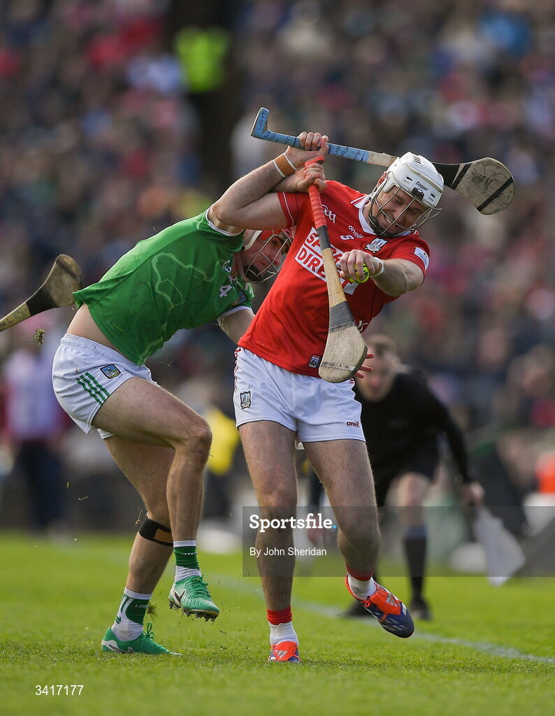5 April 2026; Tim O'Mahony of Cork in action against Barry Nash of Limerick during the Allianz Hurling League Division 1A final match between Limerick and Cork at TUS Gaelic Grounds in Limerick. Photo by John Sheridan/Sportsfile