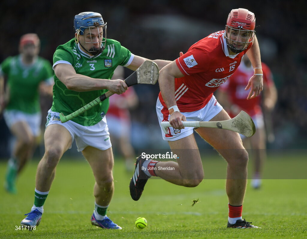 5 April 2026; Brian Hayes of Cork in action against Daragh Langan of Limerick during the Allianz Hurling League Division 1A final match between Limerick and Cork at TUS Gaelic Grounds in Limerick. Photo by John Sheridan/Sportsfile