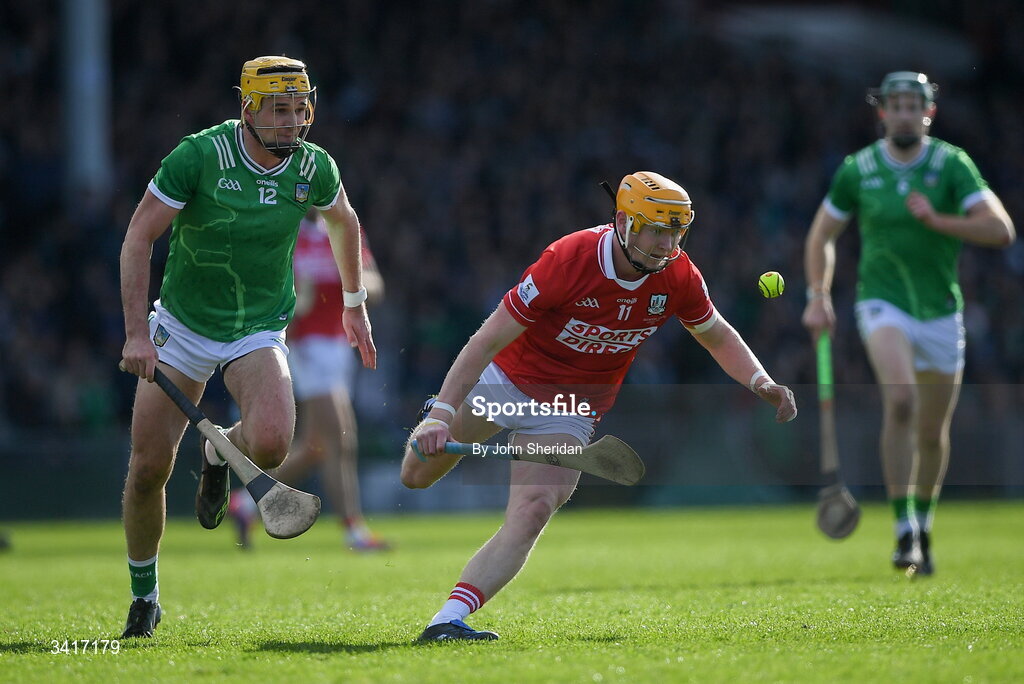 5 April 2026; Shane Barrett of Cork in action against Cathal O'Neill of Limerick during the Allianz Hurling League Division 1A final match between Limerick and Cork at TUS Gaelic Grounds in Limerick. Photo by John Sheridan/Sportsfile
