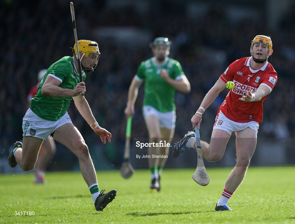 5 April 2026; Shane Barrett of Cork in action against Cathal O'Neill of Limerick during the Allianz Hurling League Division 1A final match between Limerick and Cork at TUS Gaelic Grounds in Limerick. Photo by John Sheridan/Sportsfile