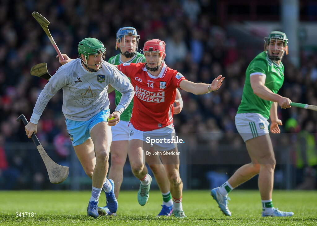 5 April 2026; Limerick goalkeeper Nickie Quaid is tackled by Alan Connolly of Cork during the Allianz Hurling League Division 1A final match between Limerick and Cork at TUS Gaelic Grounds in Limerick. Photo by John Sheridan/Sportsfile