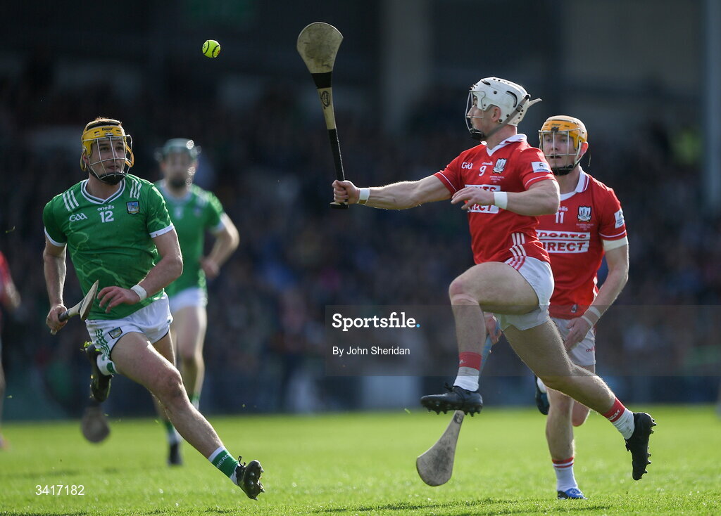 5 April 2026; Tommy O'Connell of Cork in action against Cathal O'Neill of Limerick during the Allianz Hurling League Division 1A final match between Limerick and Cork at TUS Gaelic Grounds in Limerick. Photo by John Sheridan/Sportsfile