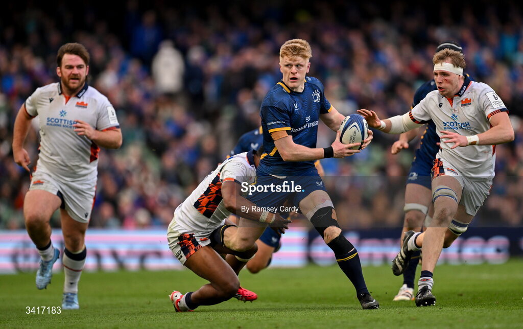 5 April 2026; Tommy O'Brien of Leinster is tackled by Malelili Satala of Edinburgh during the Investec Champions Cup match between Leinster and Edinburgh at the Aviva Stadium in Dublin. Photo by Ramsey Cardy/Sportsfile