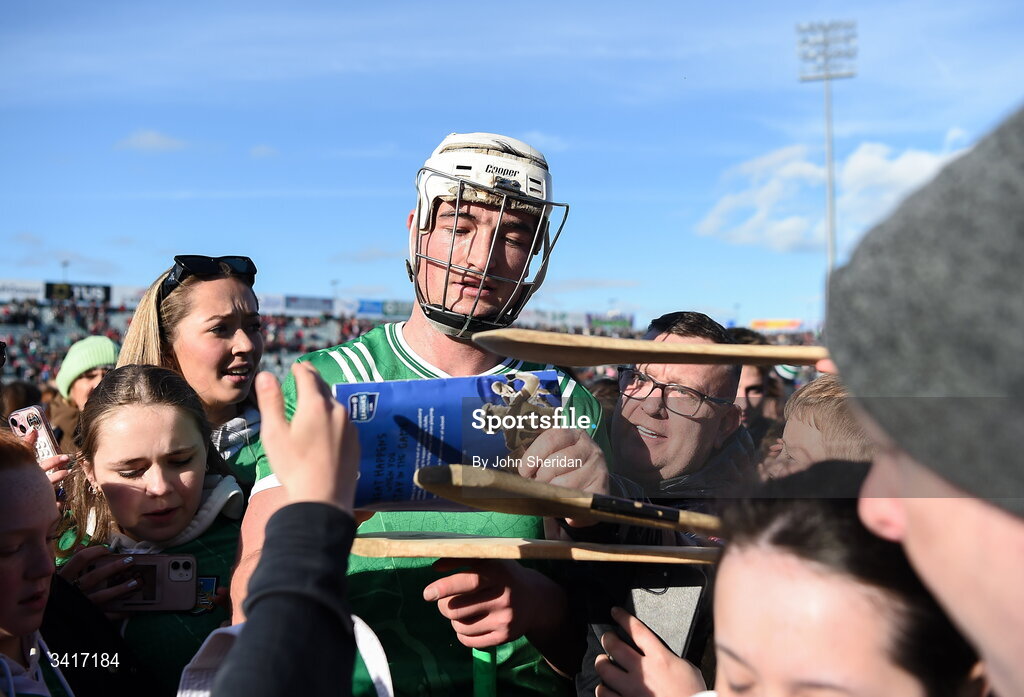 5 April 2026; Kyle Hayes of Limerick signs autographs after the Allianz Hurling League Division 1A final match between Limerick and Cork at TUS Gaelic Grounds in Limerick. Photo by John Sheridan/Sportsfile
