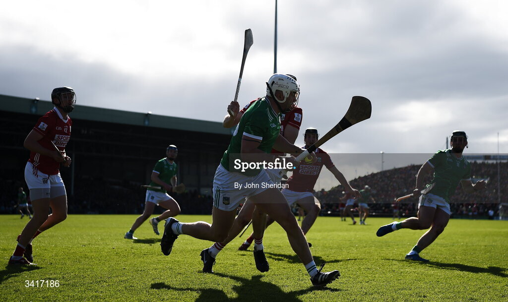 5 April 2026; Aaron Gillane of Limerick in action against Robert Downey of Cork during the Allianz Hurling League Division 1A final match between Limerick and Cork at TUS Gaelic Grounds in Limerick. Photo by John Sheridan/Sportsfile