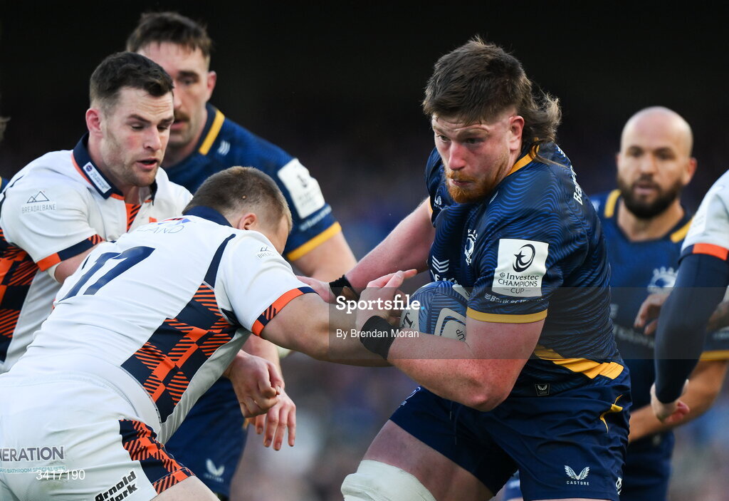 5 April 2026; Joe McCarthy of Leinster is tackled by Boan Venter of Edinburgh during the Investec Champions Cup match between Leinster and Edinburgh at the Aviva Stadium in Dublin. Photo by Brendan Moran/Sportsfile