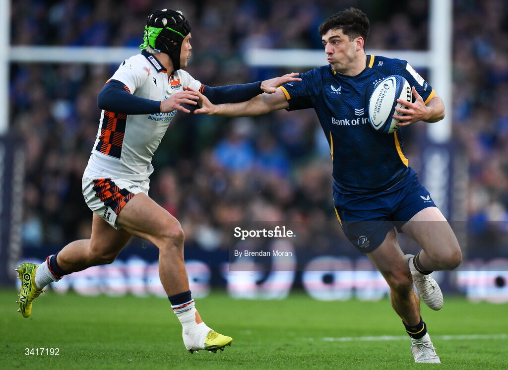 5 April 2026; Jimmy O'Brien of Leinster is tackled by Darcy Graham of Edinburgh during the Investec Champions Cup match between Leinster and Edinburgh at the Aviva Stadium in Dublin. Photo by Brendan Moran/Sportsfile