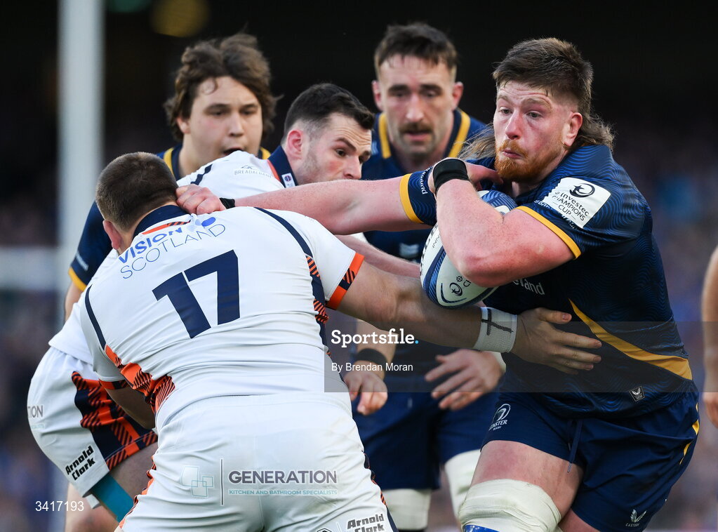 5 April 2026; Joe McCarthy of Leinster is tackled by Boan Venter of Edinburgh during the Investec Champions Cup match between Leinster and Edinburgh at the Aviva Stadium in Dublin. Photo by Brendan Moran/Sportsfile