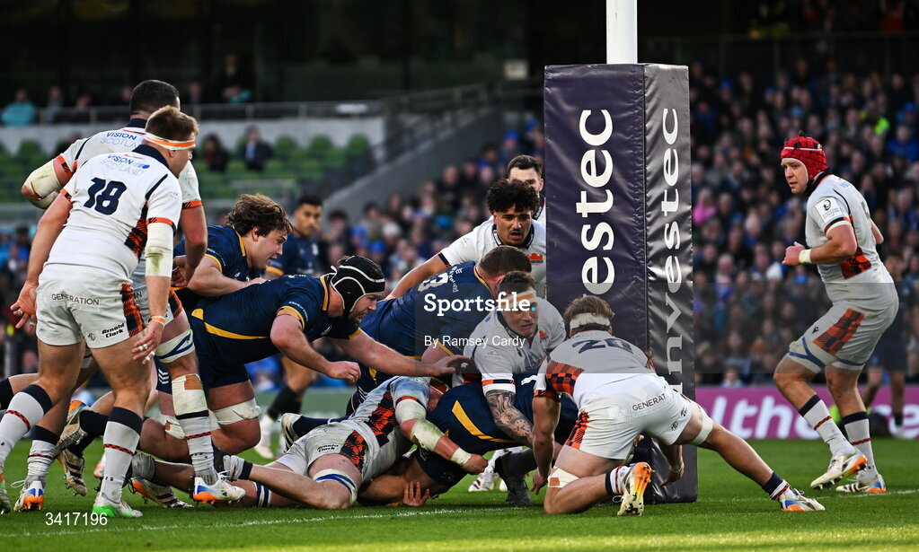 5 April 2026; Josh van der Flier of Leinster dives over to score his side's fifth try during the Investec Champions Cup match between Leinster and Edinburgh at the Aviva Stadium in Dublin. Photo by Ramsey Cardy/Sportsfile