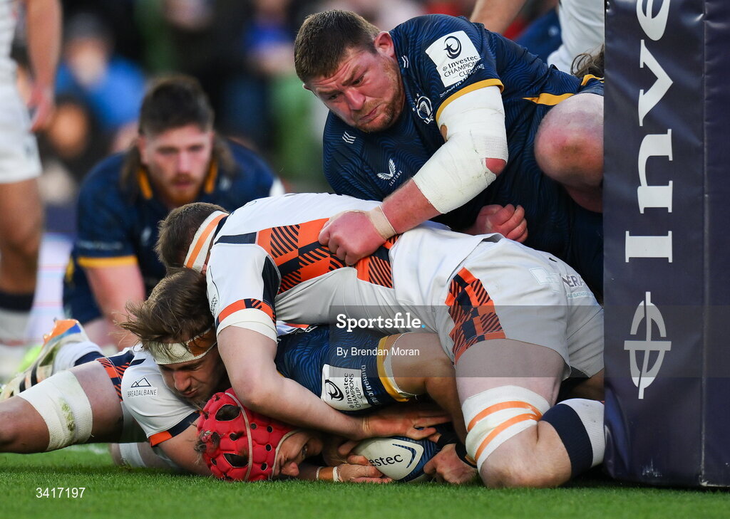 5 April 2026; Josh van der Flier of Leinster scores his side's fifth try during the Investec Champions Cup match between Leinster and Edinburgh at the Aviva Stadium in Dublin. Photo by Brendan Moran/Sportsfile
